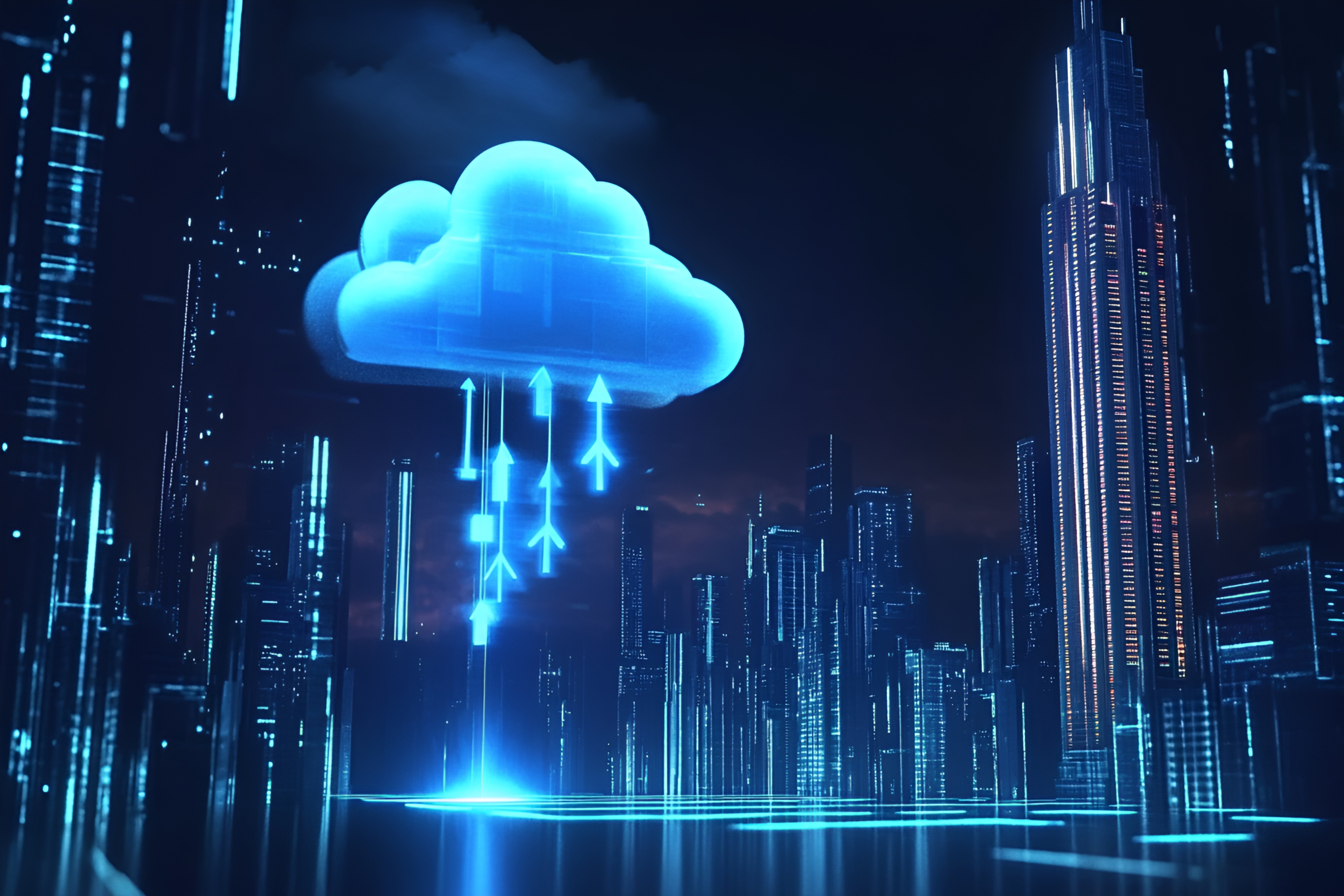 智慧城市3D渲染科技风云计算数据传输现代城市夜景插画（商业使用）